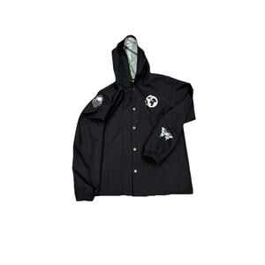 Heavens Child “World” Rain Jacket, Black Unisex Large Hooded Waterproof Buttonup